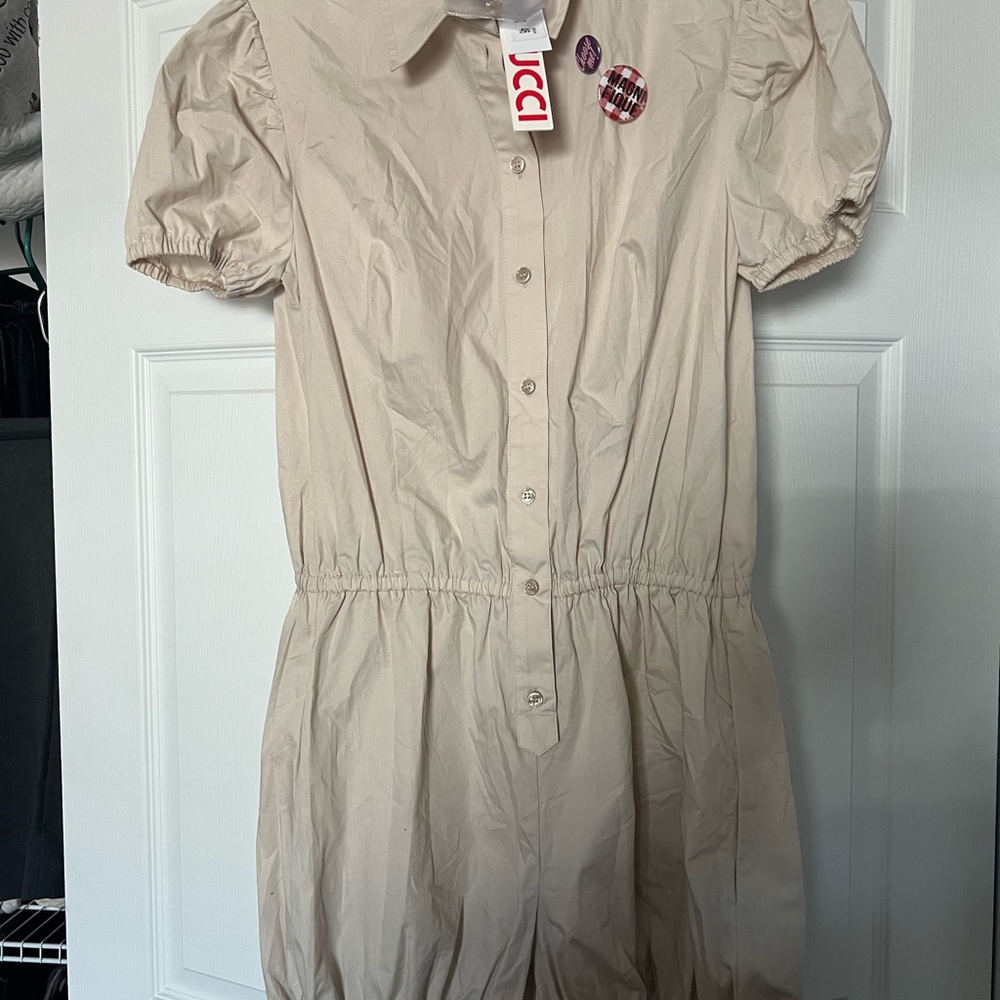 Fiorucci Light Tan Button-Up romper with elastic on the legs super cute